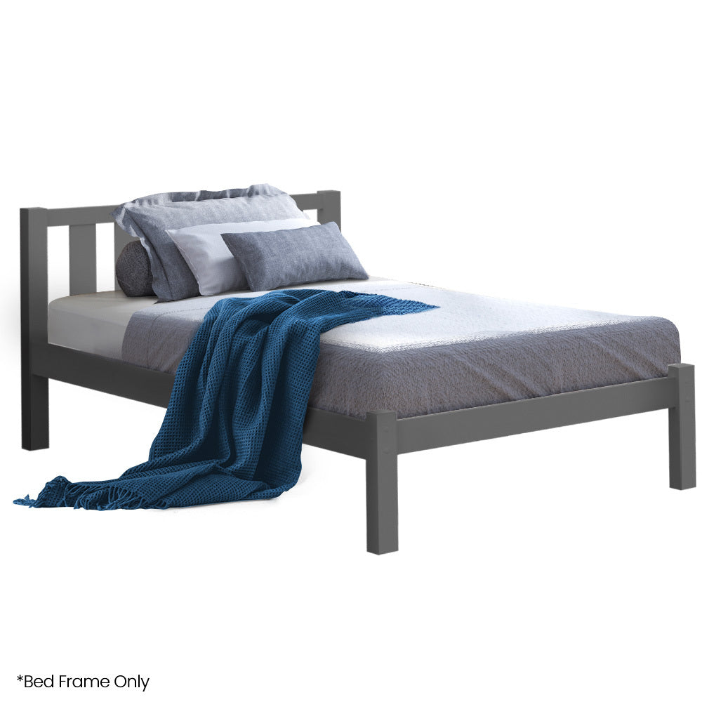 King Single Wooden Bed Frame with Pine Wood, 150kg Capacity, Grey