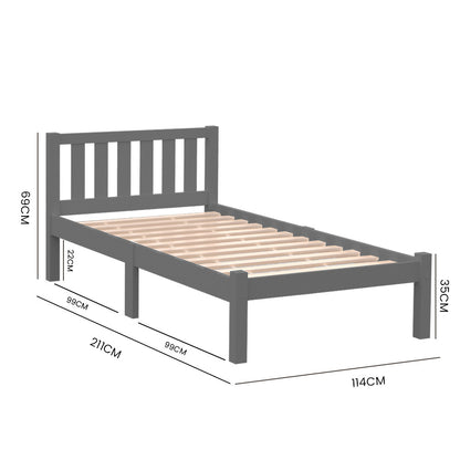 King Single Wooden Bed Frame with Pine Wood, 150kg Capacity, Grey