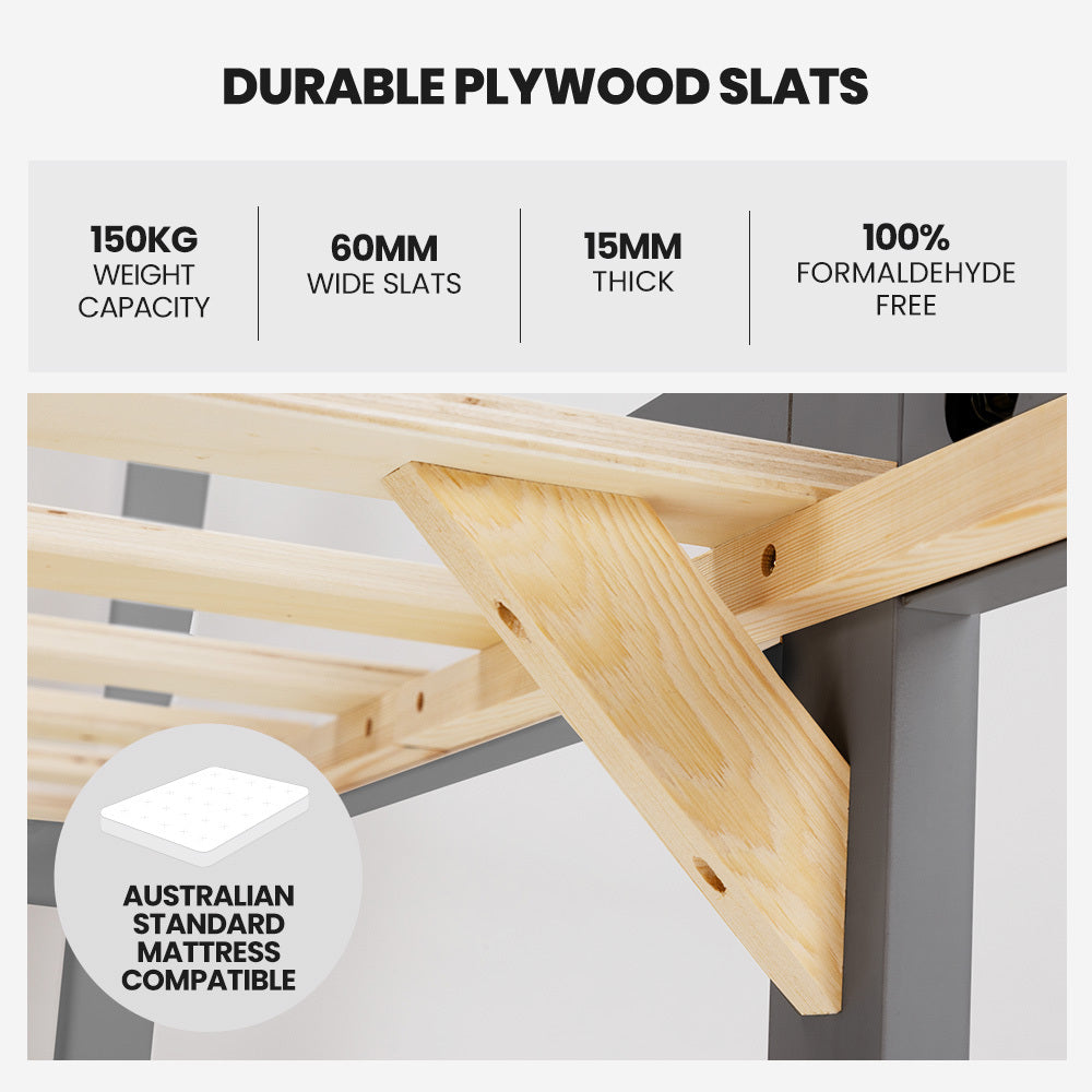 King Single Wooden Bed Frame with Pine Wood, 150kg Capacity, Grey
