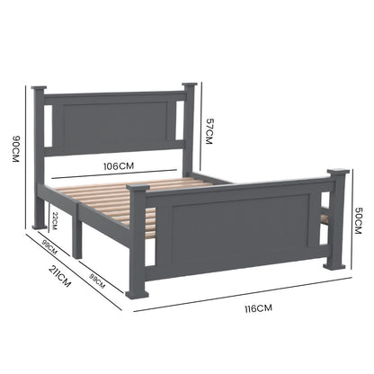 King Single Wooden Bed Frame, Pine Wood, 150kg Capacity, Grey Finish