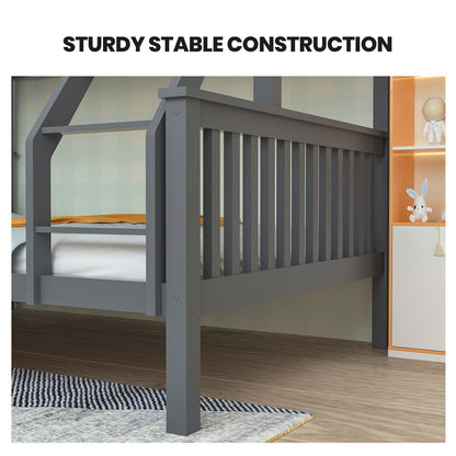 Convertible Triple Bunk Bed Frame, Single & Double, Solid Pine Wood, Grey