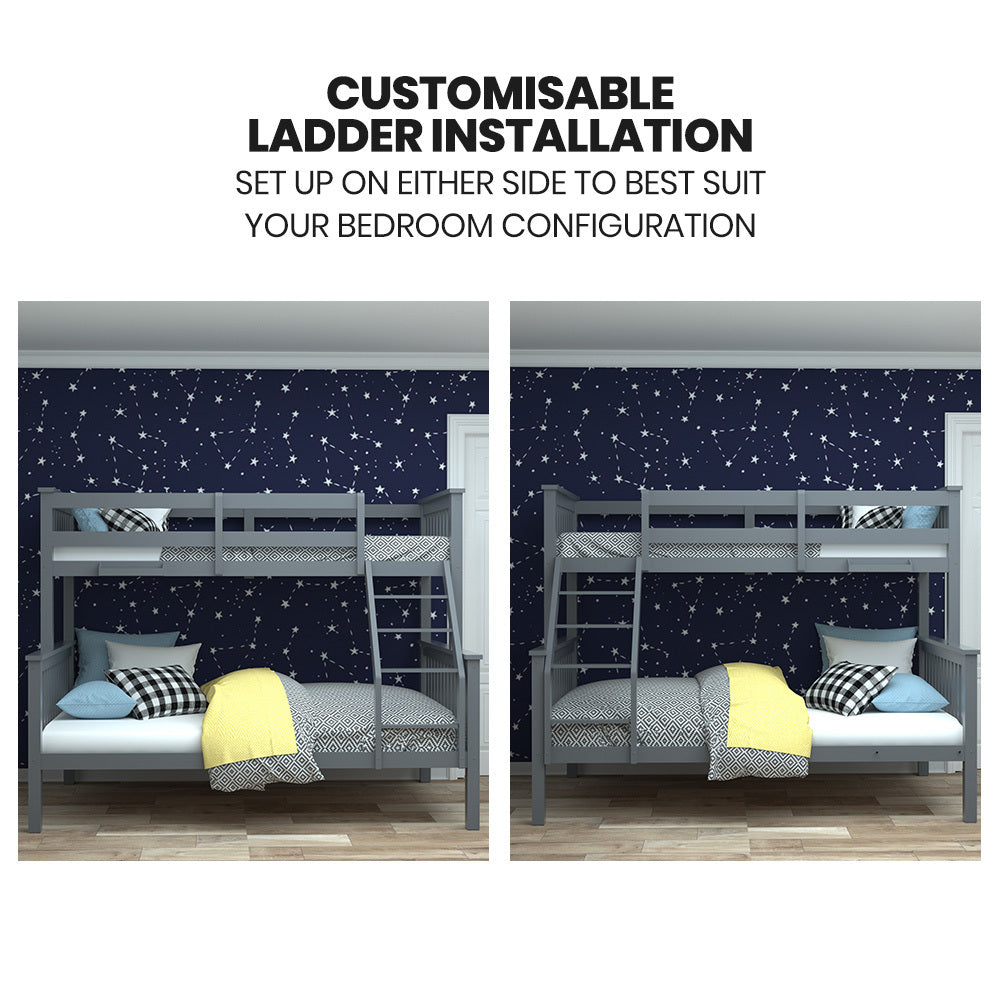 Convertible Triple Bunk Bed Frame, Single & Double, Solid Pine Wood, Grey
