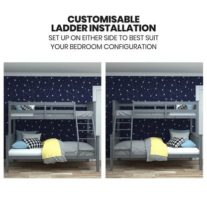 Convertible Triple Bunk Bed Frame, Single & Double, Solid Pine Wood, Grey