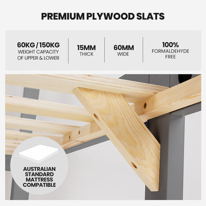 Convertible Triple Bunk Bed Frame, Single & Double, Solid Pine Wood, Grey
