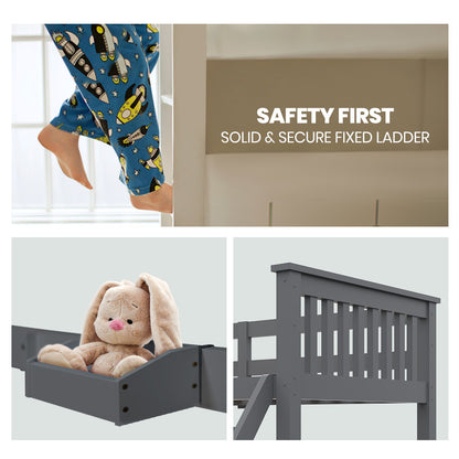 Convertible Triple Bunk Bed Frame, Single & Double, Solid Pine Wood, Grey