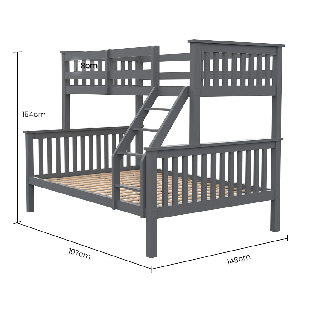 Convertible Triple Bunk Bed Frame, Single & Double, Solid Pine Wood, Grey