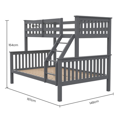 Convertible Triple Bunk Bed Frame, Single & Double, Solid Pine Wood, Grey