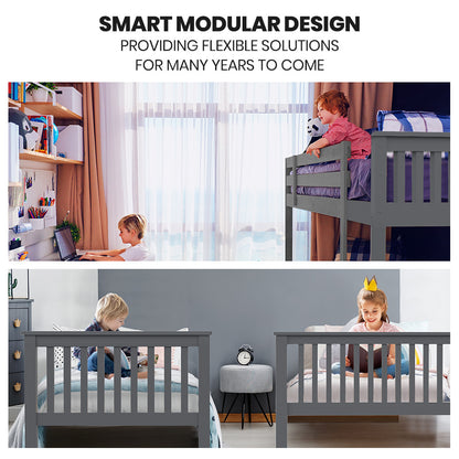 Convertible Triple Bunk Bed Frame, Single & Double, Solid Pine Wood, Grey
