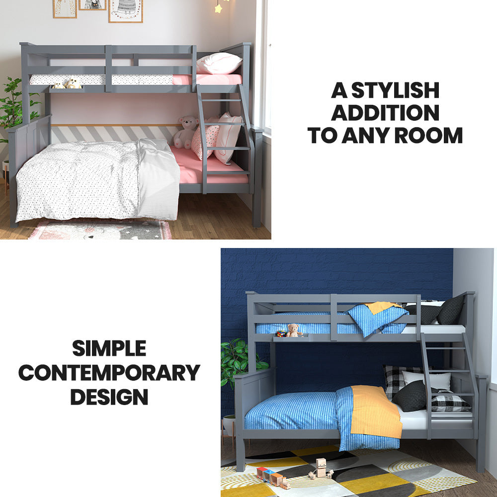 Triple Wooden Bunk Bed Frame with Convertible Design for Kids - Grey