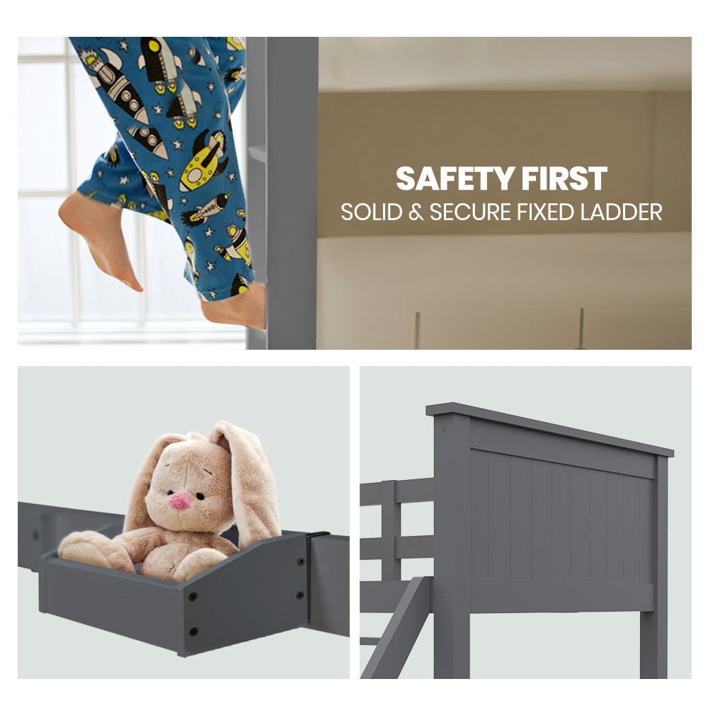 Triple Wooden Bunk Bed Frame with Convertible Design for Kids - Grey