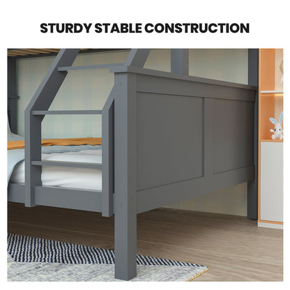 Triple Wooden Bunk Bed Frame with Convertible Design for Kids - Grey