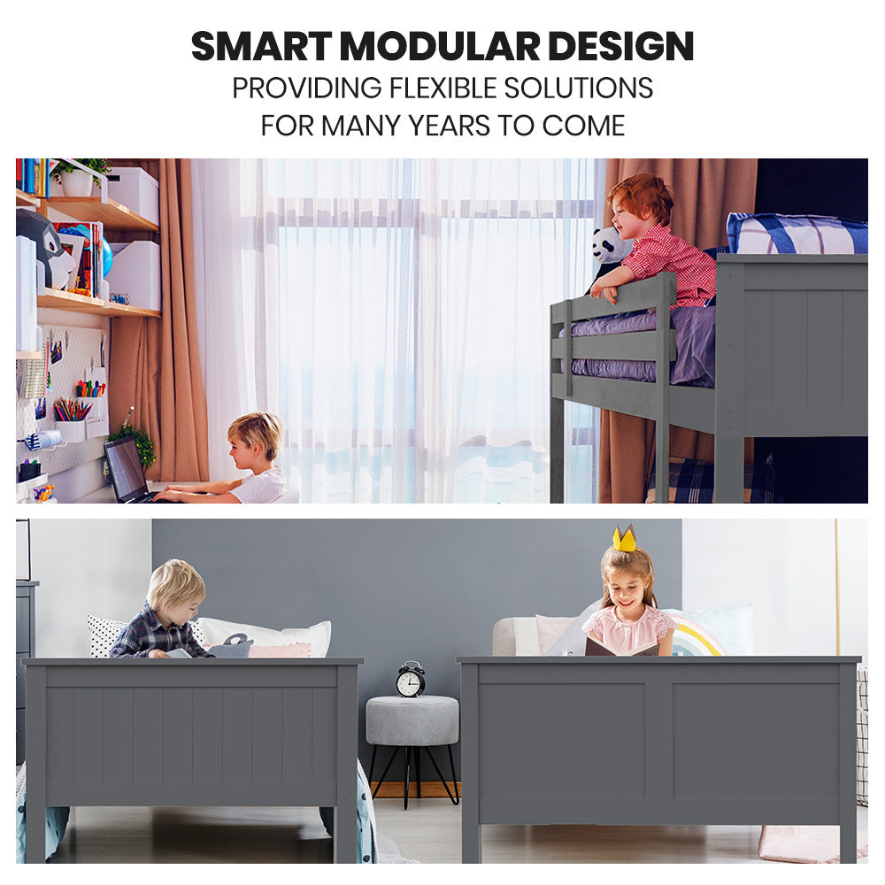 Triple Wooden Bunk Bed Frame with Convertible Design for Kids - Grey