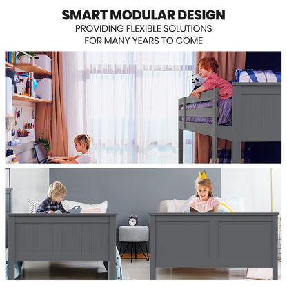 Triple Wooden Bunk Bed Frame with Convertible Design for Kids - Grey