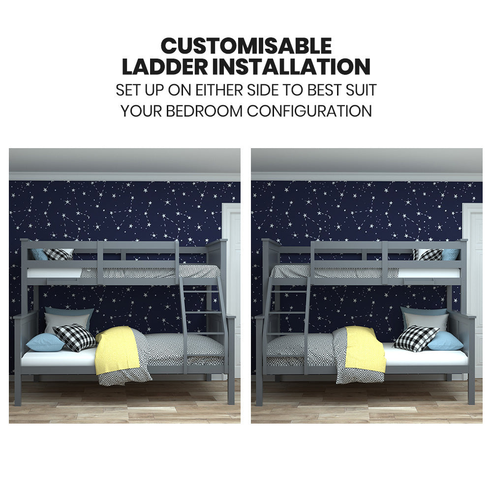Triple Wooden Bunk Bed Frame with Convertible Design for Kids - Grey