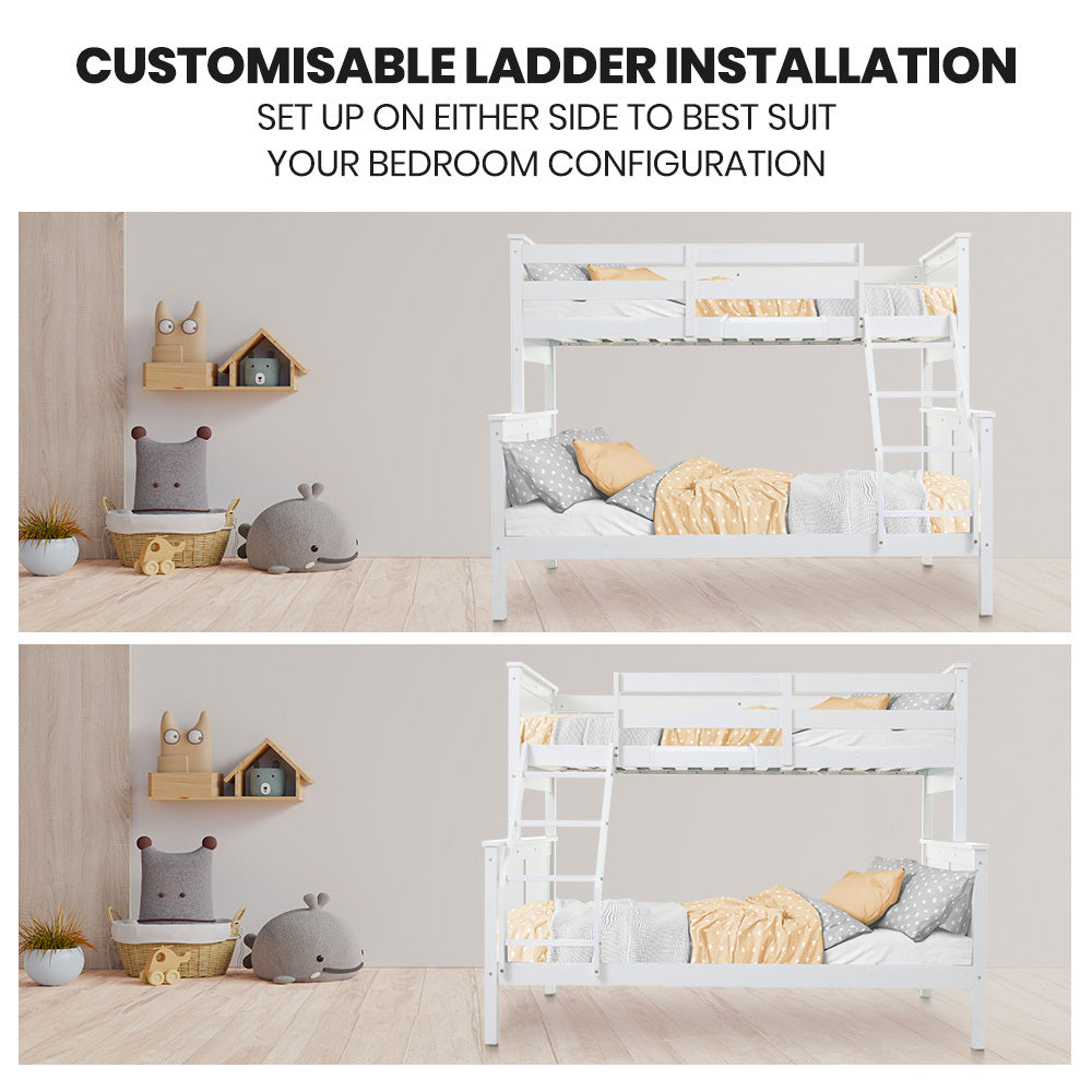 Convertible Triple Bunk Bed Frame with Ladder and Toy Shelf - White