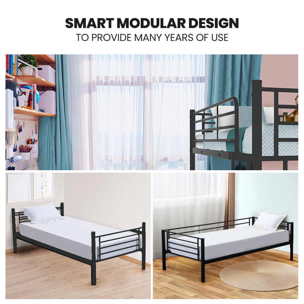 2-in-1 Modular Metal Bunk Bed Frame with Dark Grey Finish, Convertible Design