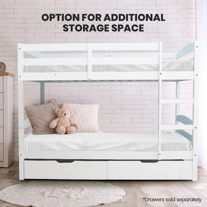 Modular White Single Bunk Bed Frame with Ladder, Converts to 2 Beds, Pine Wood