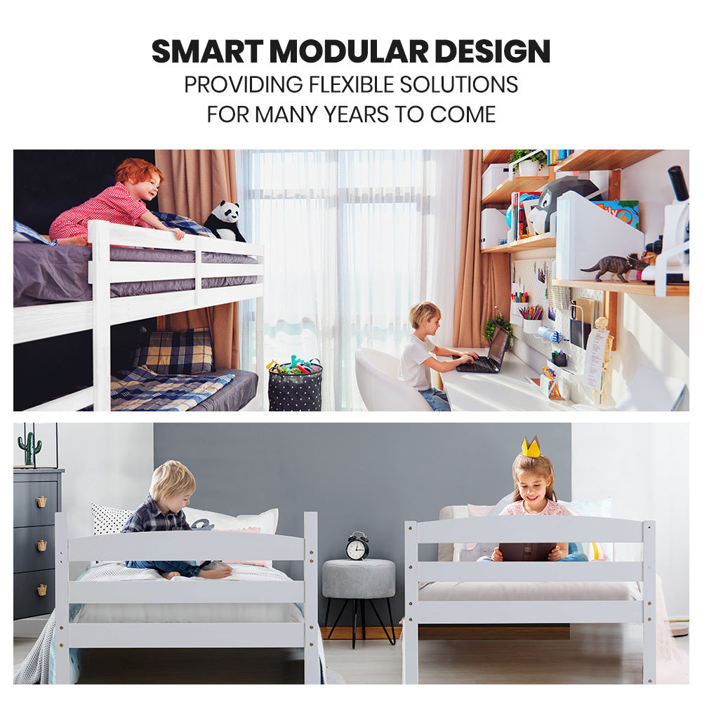 Modular White Single Bunk Bed Frame with Ladder, Converts to 2 Beds, Pine Wood