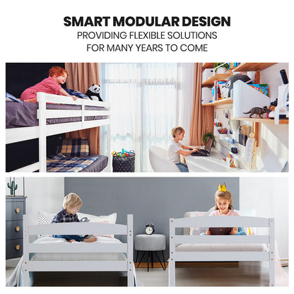 Modular White Single Bunk Bed Frame with Ladder, Converts to 2 Beds, Pine Wood