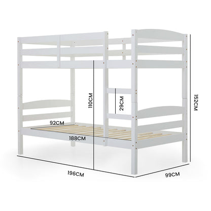 Modular White Single Bunk Bed Frame with Ladder, Converts to 2 Beds, Pine Wood