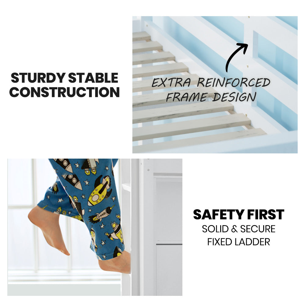 Modular White Single Bunk Bed Frame with Ladder, Converts to 2 Beds, Pine Wood
