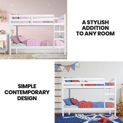 Modular White Single Bunk Bed Frame with Ladder, Converts to 2 Beds, Pine Wood