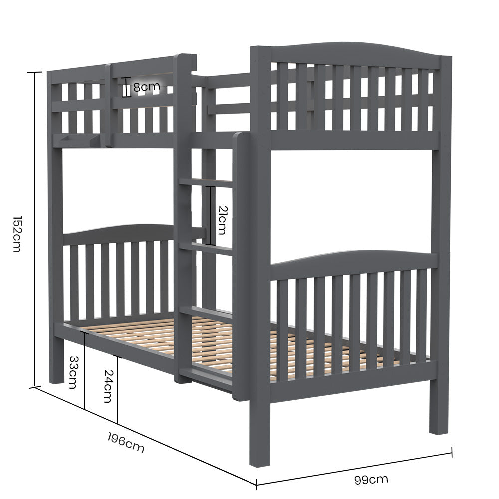 Modular Single Bunk Bed Frame with Convertible Design and Secure Ladder, Grey