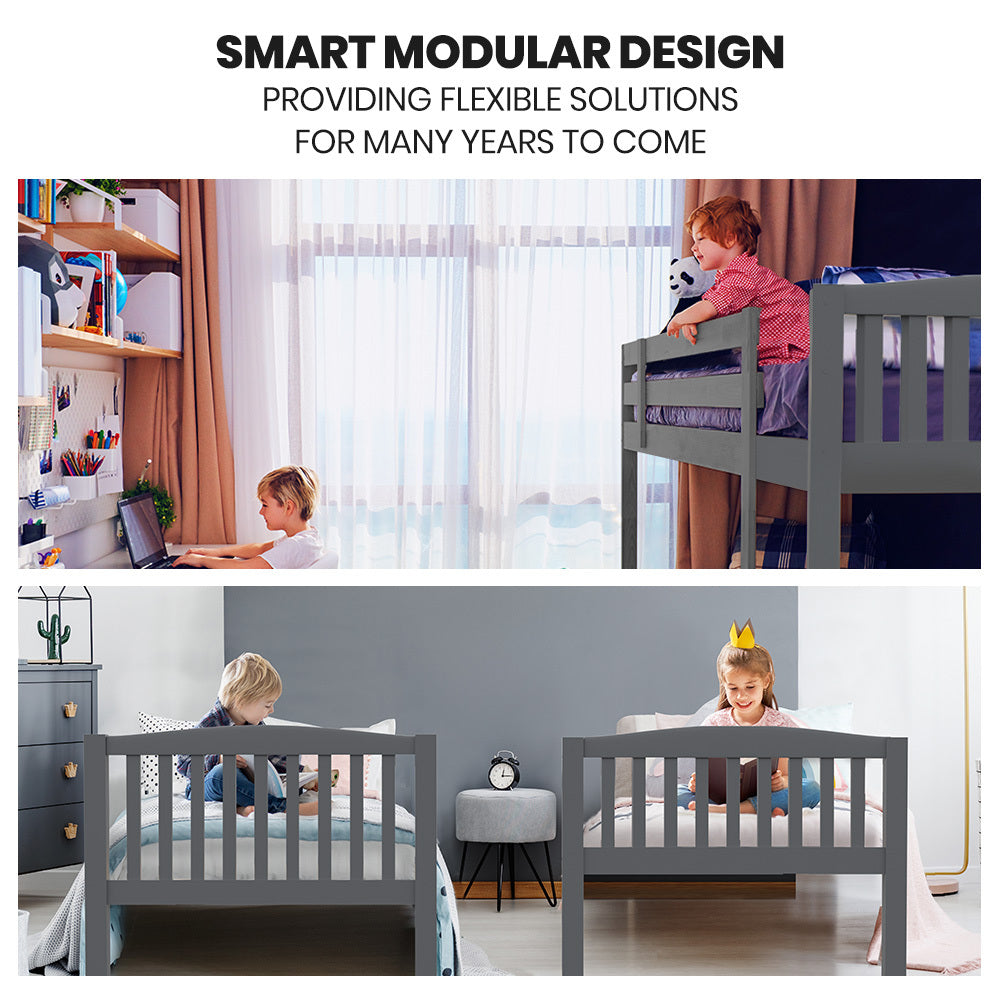 Modular Single Bunk Bed Frame with Convertible Design and Secure Ladder, Grey