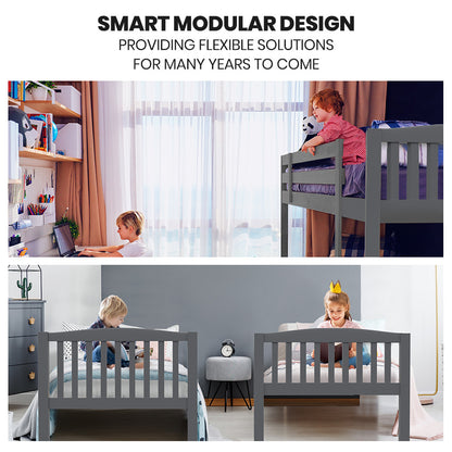 Modular Single Bunk Bed Frame with Convertible Design and Secure Ladder, Grey