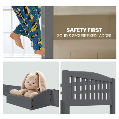 Modular Single Bunk Bed Frame with Convertible Design and Secure Ladder, Grey