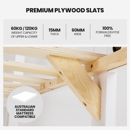 Modular Kids Bunk Bed Frame with Convertible Design, White, Solid Pine Construction