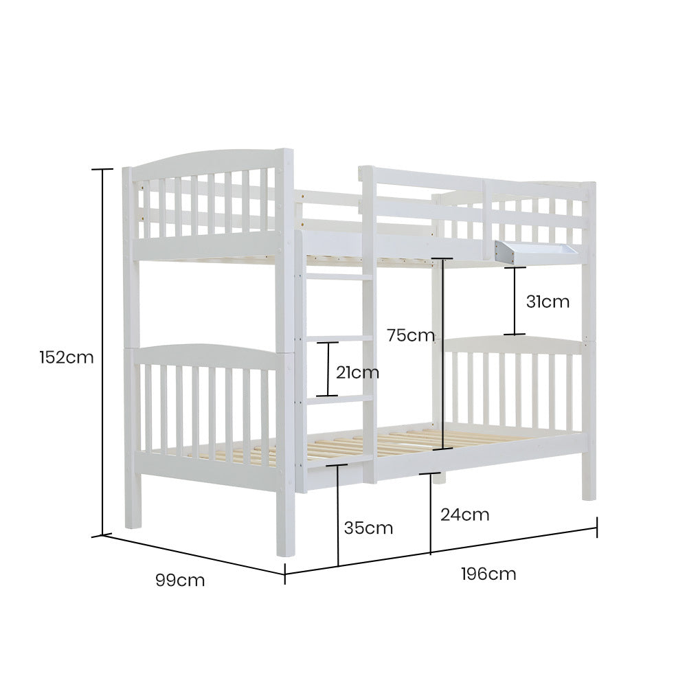 Modular Kids Bunk Bed Frame with Convertible Design, White, Solid Pine Construction
