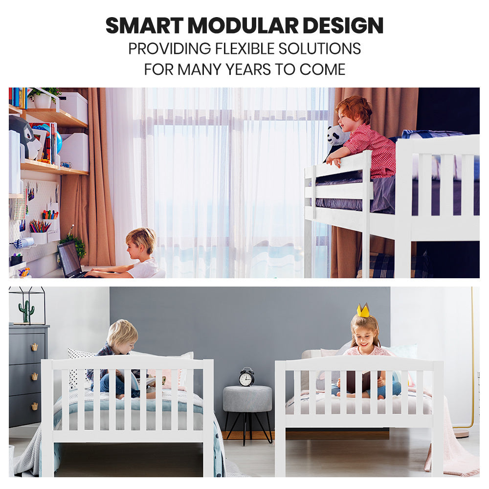 Modular Kids Bunk Bed Frame with Convertible Design, White, Solid Pine Construction