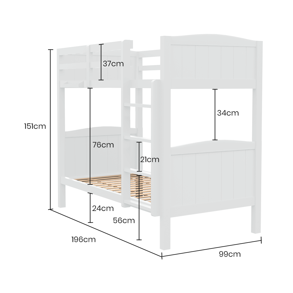 Single Bunk Bed Frame - Convertible Design with Toy Shelf, Solid Timber, White