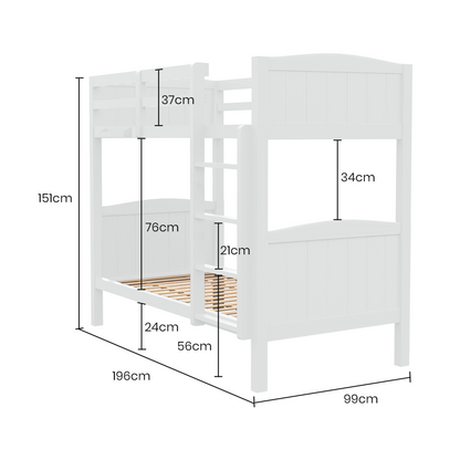Single Bunk Bed Frame - Convertible Design with Toy Shelf, Solid Timber, White