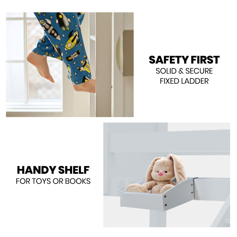 Single Bunk Bed Frame - Convertible Design with Toy Shelf, Solid Timber, White