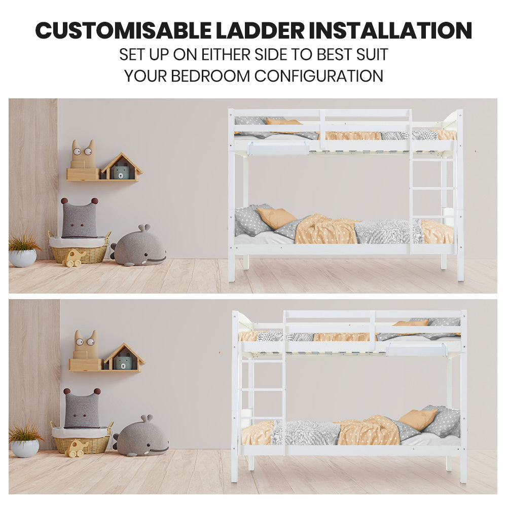 Single Bunk Bed Frame - Convertible Design with Toy Shelf, Solid Timber, White