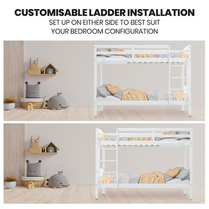 Single Bunk Bed Frame - Convertible Design with Toy Shelf, Solid Timber, White