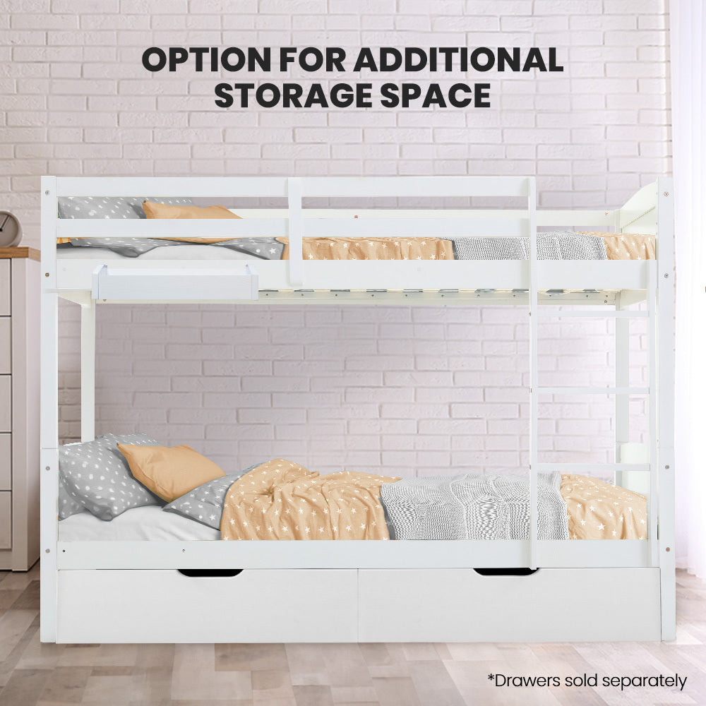 Single Bunk Bed Frame - Convertible Design with Toy Shelf, Solid Timber, White