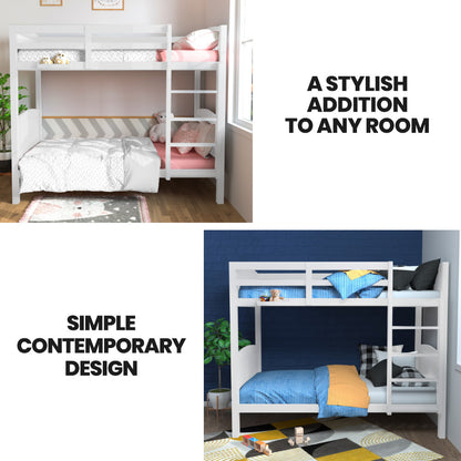 Single Bunk Bed Frame - Convertible Design with Toy Shelf, Solid Timber, White