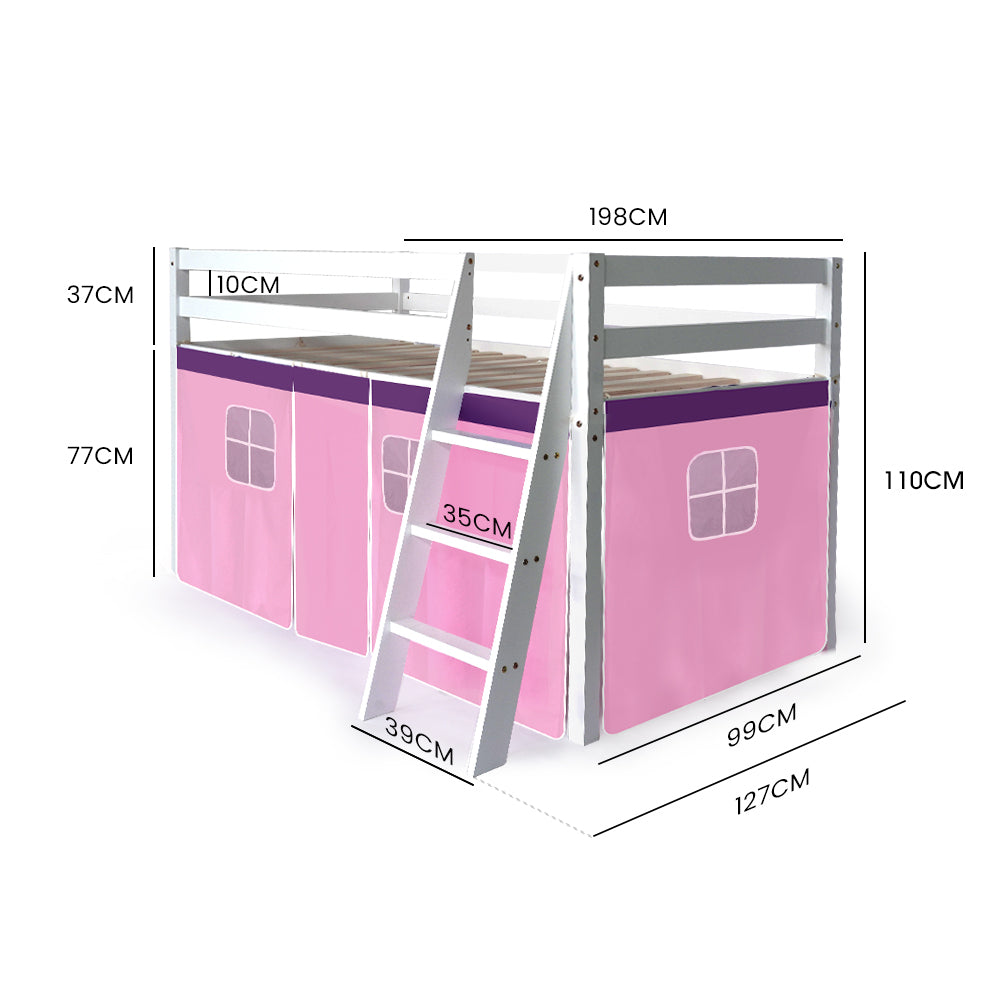 Children's Single Loft Bed Frame with Hideout and Customizable Curtains