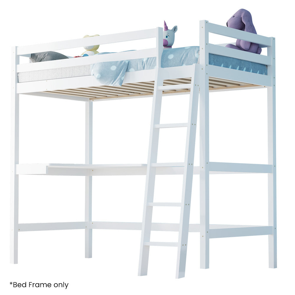 Wooden Kids Loft Bed Frame with Desk, Solid Pine, 120kg Capacity, White