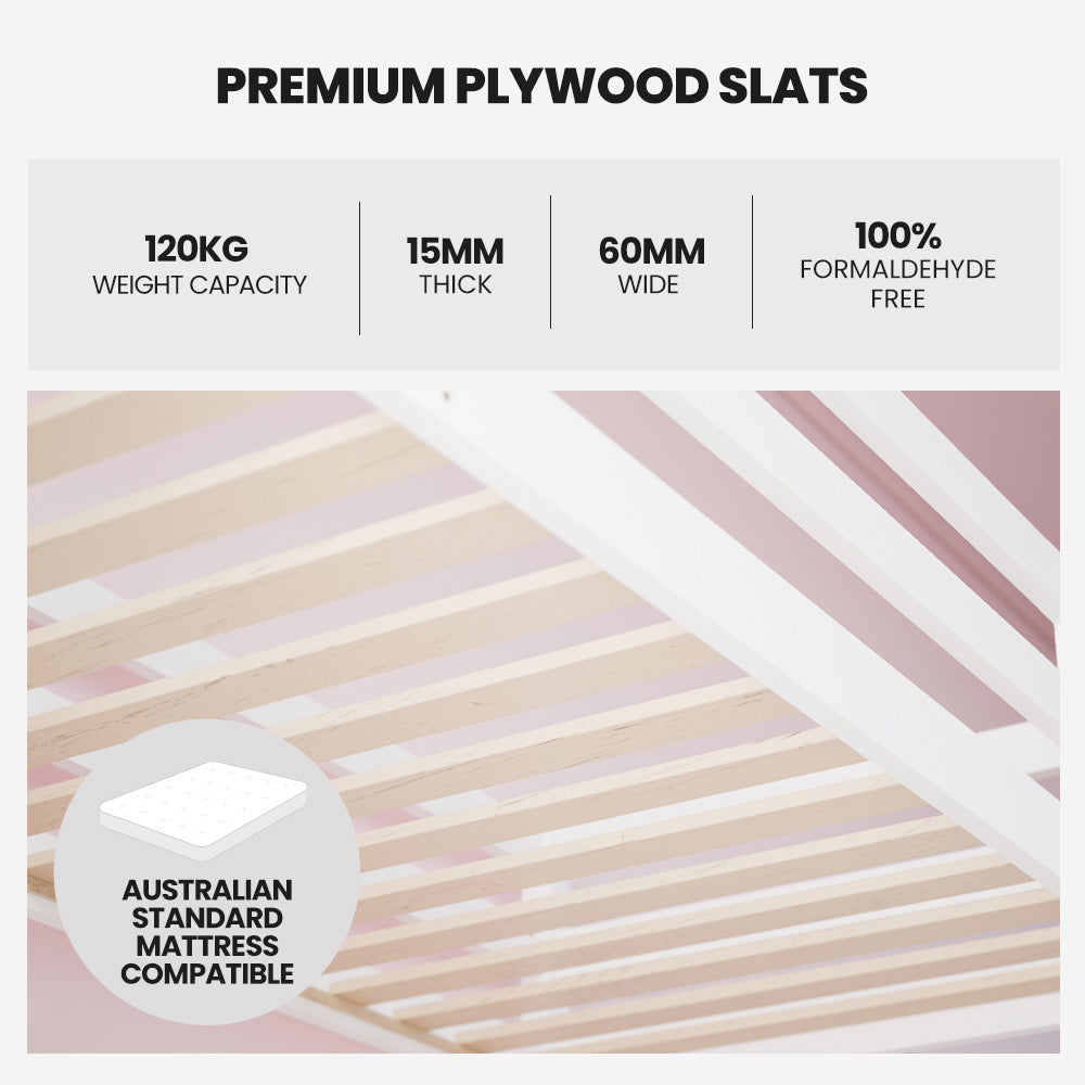 Wooden Kids Loft Bed Frame with Desk, Solid Pine, 120kg Capacity, White