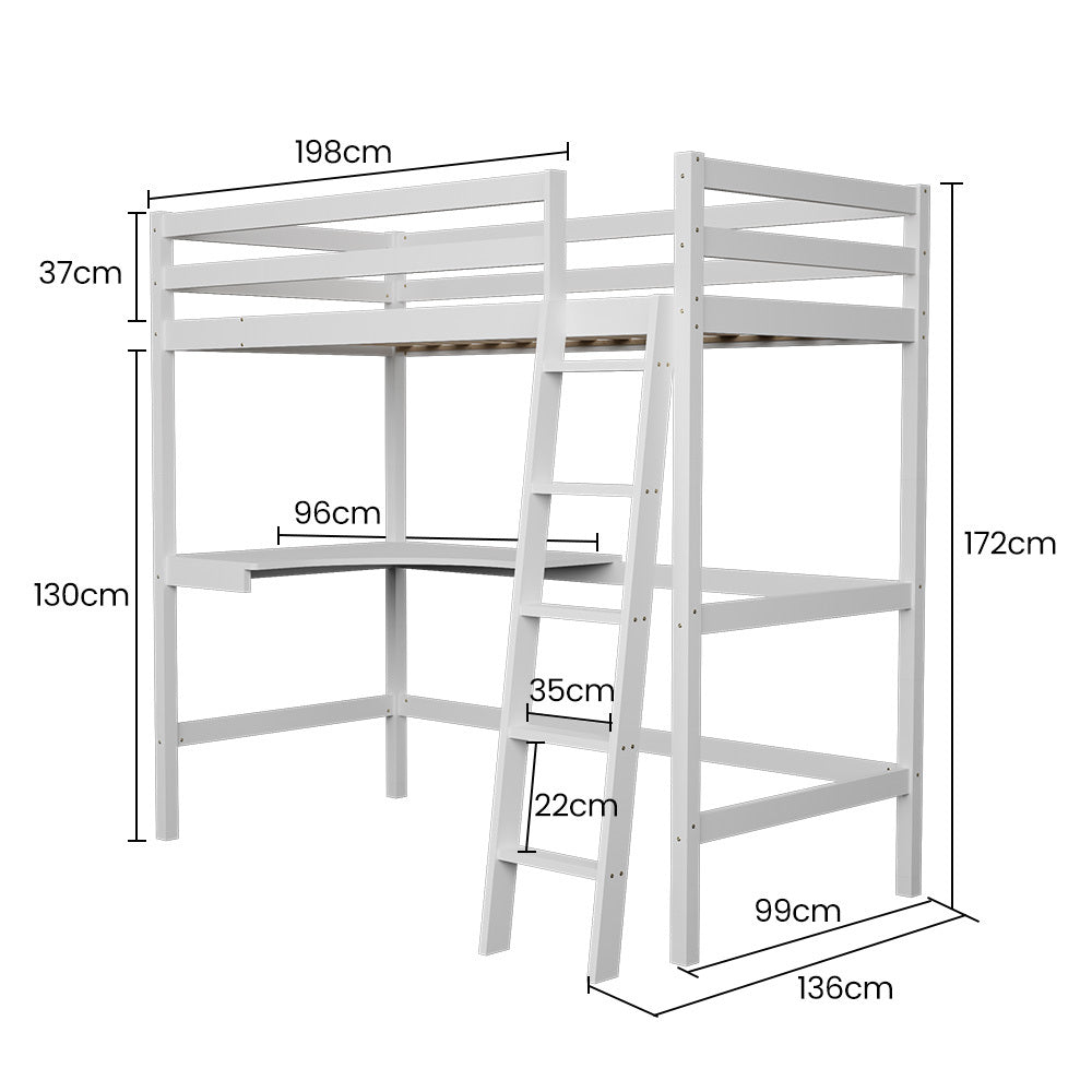 Wooden Kids Loft Bed Frame with Desk, Solid Pine, 120kg Capacity, White