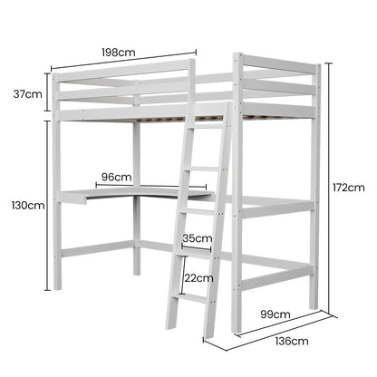 Wooden Kids Loft Bed Frame with Desk, Solid Pine, 120kg Capacity, White