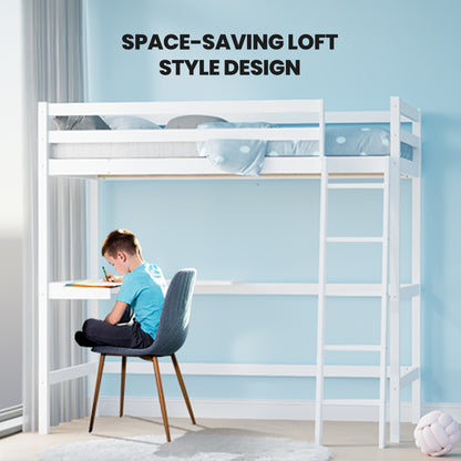 Wooden Kids Loft Bed Frame with Desk, Solid Pine, 120kg Capacity, White