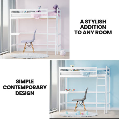 Wooden Kids Loft Bed Frame with Desk, Solid Pine, 120kg Capacity, White