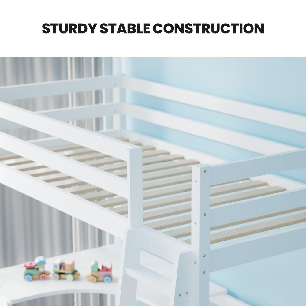 Wooden Kids Loft Bed Frame with Desk, Solid Pine, 120kg Capacity, White