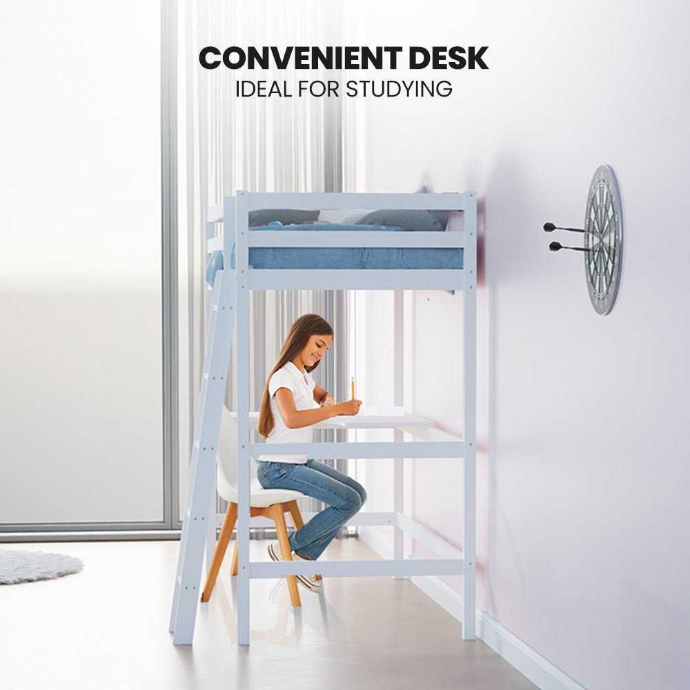 Wooden Kids Loft Bed Frame with Desk, Solid Pine, 120kg Capacity, White
