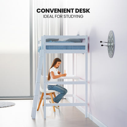 Wooden Kids Loft Bed Frame with Desk, Solid Pine, 120kg Capacity, White